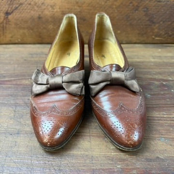 Vintage Ralph Lauren Brown Leather Wingtip Heels Silk Bow