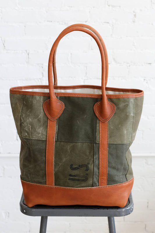 WWII era Salvaged Canvas Patchwork Tote Bag