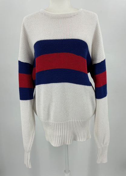 Vintage Polo Ralph Lauren Cotton Knit Sweater Large White Red Blue Stripe