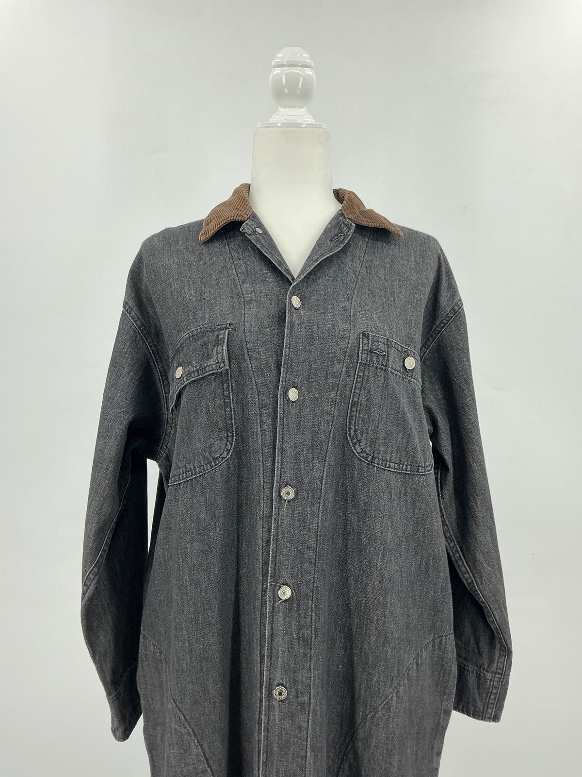 Vintage Ralph Lauren Black Denim Duster Shirt Dress  Corduroy Collar Cuffs Size 12