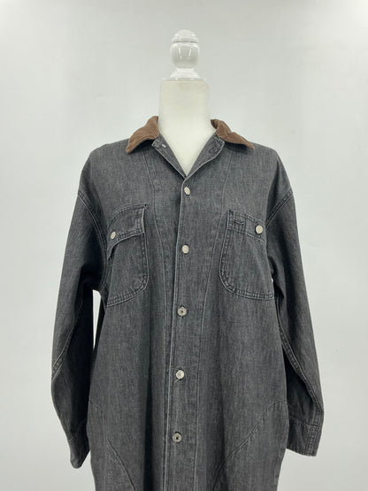 Vintage Ralph Lauren Black Denim Duster Shirt Dress  Corduroy Collar Cuffs Size 12