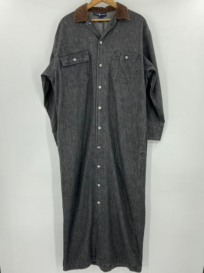 Vintage Ralph Lauren Black Denim Duster Shirt Dress  Corduroy Collar Cuffs Size 12