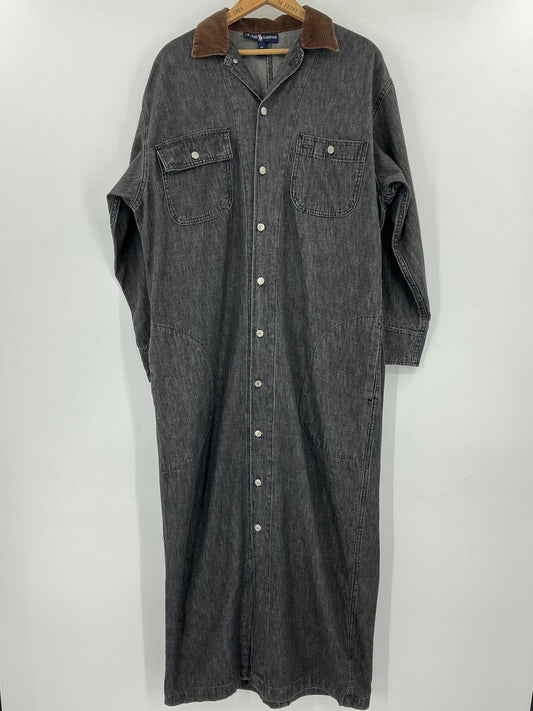 Vintage Ralph Lauren Black Denim Duster Shirt Dress  Corduroy Collar Cuffs Size 12