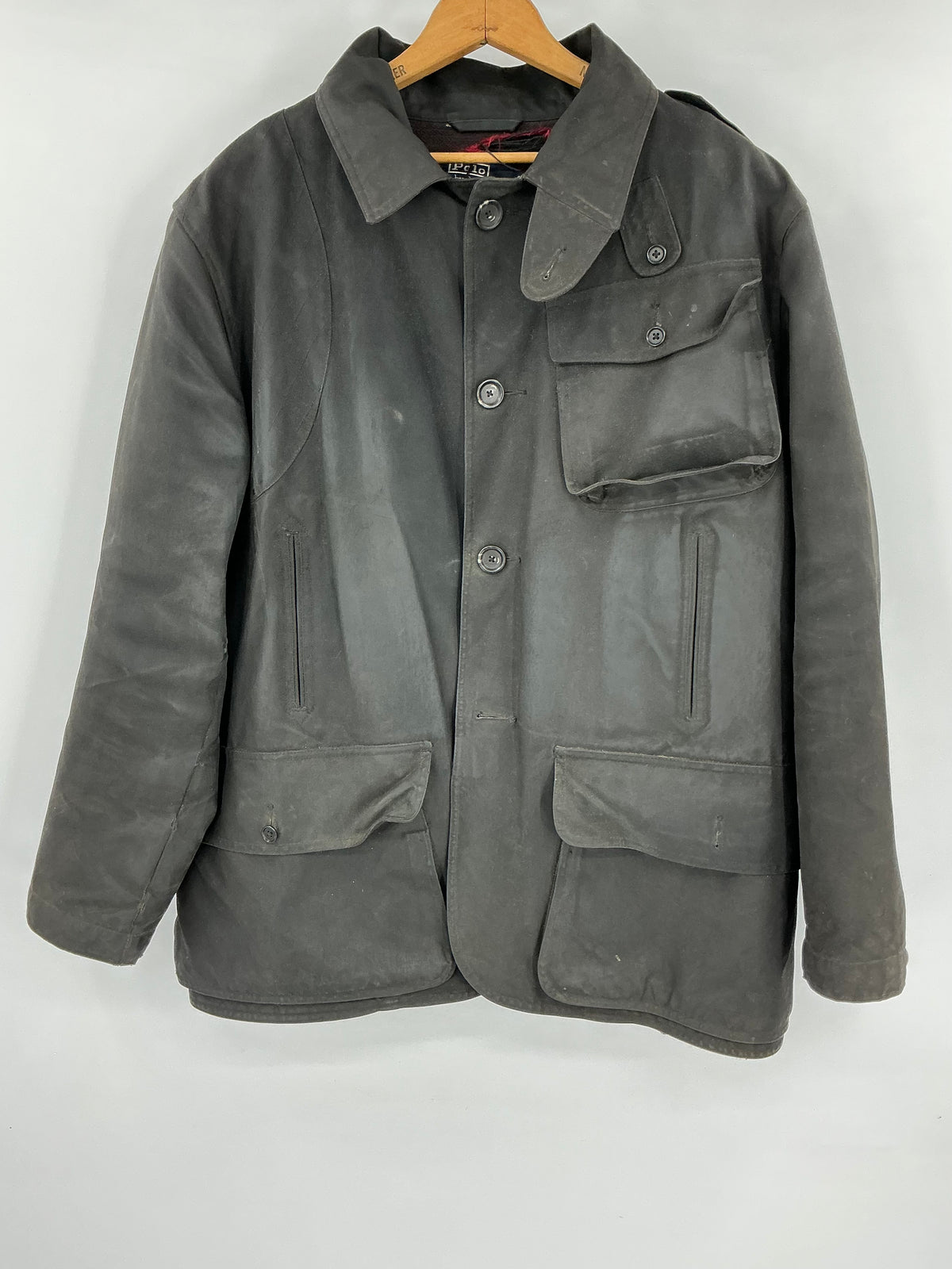 Vintage 90s Polo Ralph Lauren Black Southwestern Blanket-Lined Waxed Cotton Coat Large