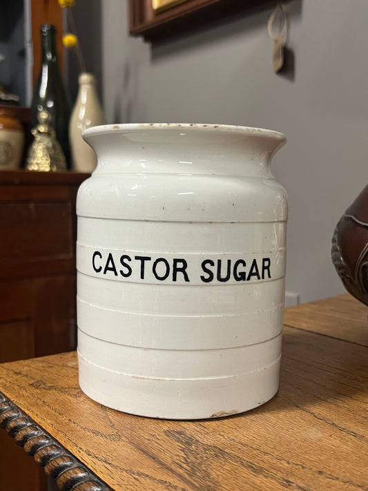 CASTOR SUGAR - White Banded Kitchen Jar Canister with Lid