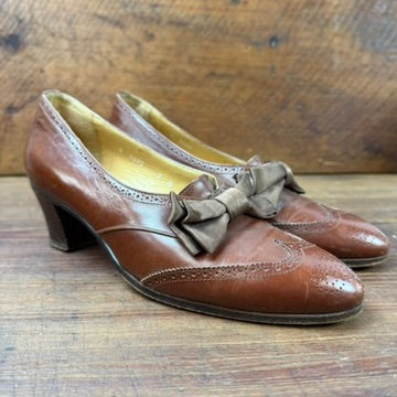 Vintage Ralph Lauren Brown Leather Wingtip Heels Silk Bow