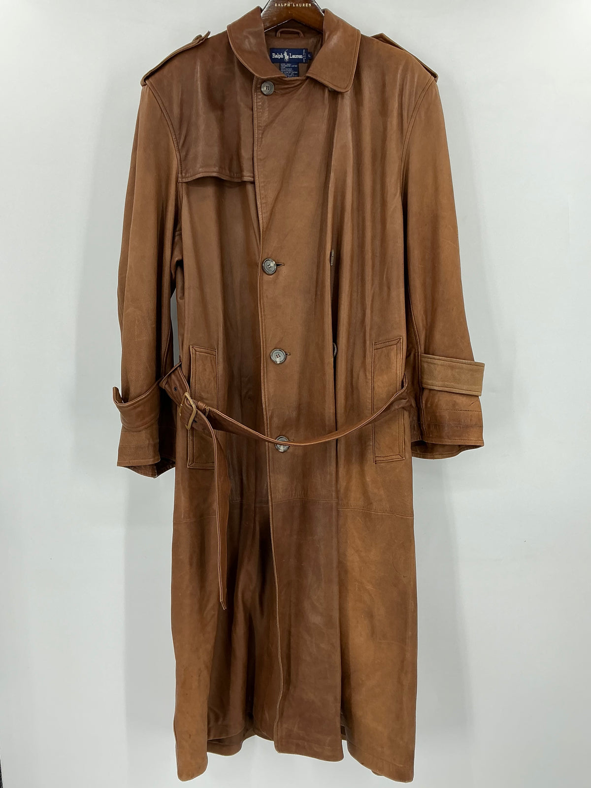 Vintage Polo Ralph Lauren Brown Leather Belted Trench Coat Large