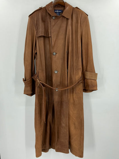 Vintage Polo Ralph Lauren Brown Leather Belted Trench Coat Large