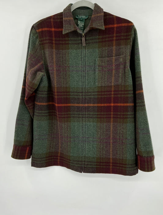 Vintage Lauren Ralph Lauren Lambswool Plaid Full-Zip Jacket with Suede Elbow Patches