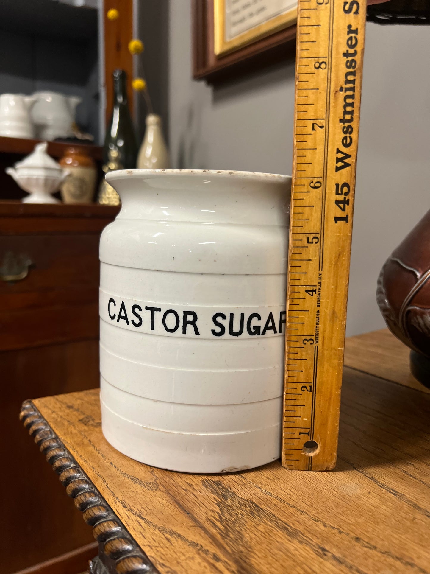 CASTOR SUGAR - White Banded Kitchen Jar Canister with Lid