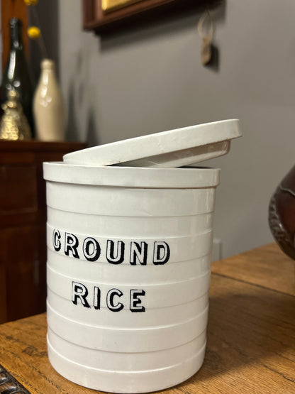 GROUND RICE - White Banded Kitchen Jar Canister with Lid