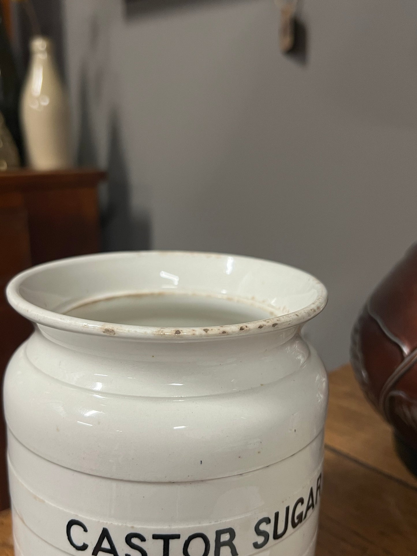 CASTOR SUGAR - White Banded Kitchen Jar Canister with Lid