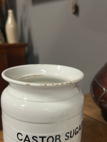 CASTOR SUGAR - White Banded Kitchen Jar Canister with Lid