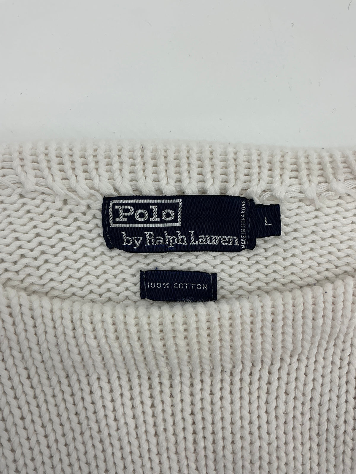 Vintage Polo Ralph Lauren Cotton Knit Sweater Large White Red Blue Stripe