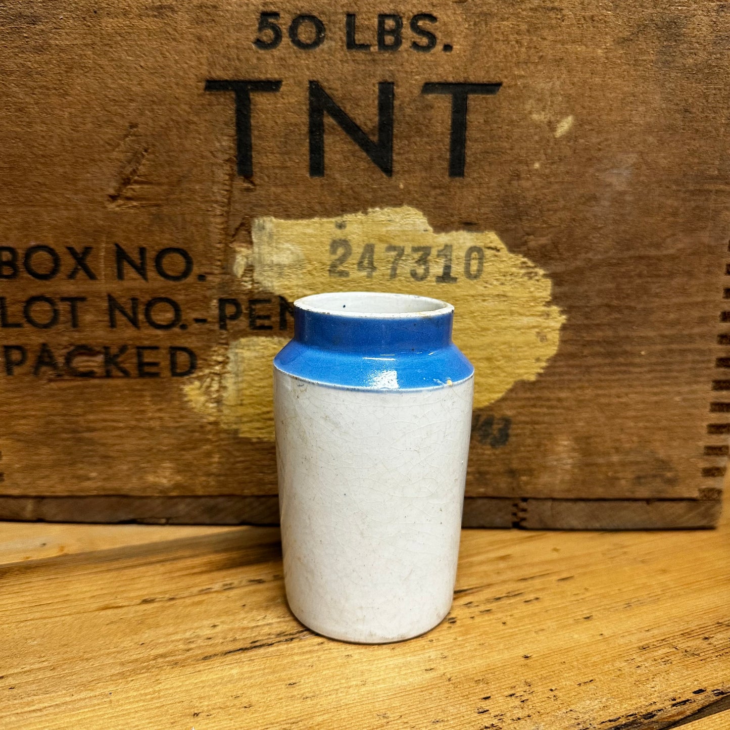 Antique HTF Express Dairy Cream Pot Blue Top Transfer Repaired