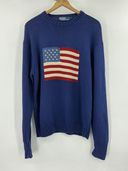 Vintage Polo Ralph Lauren Classic Flag Sweater Large Blue