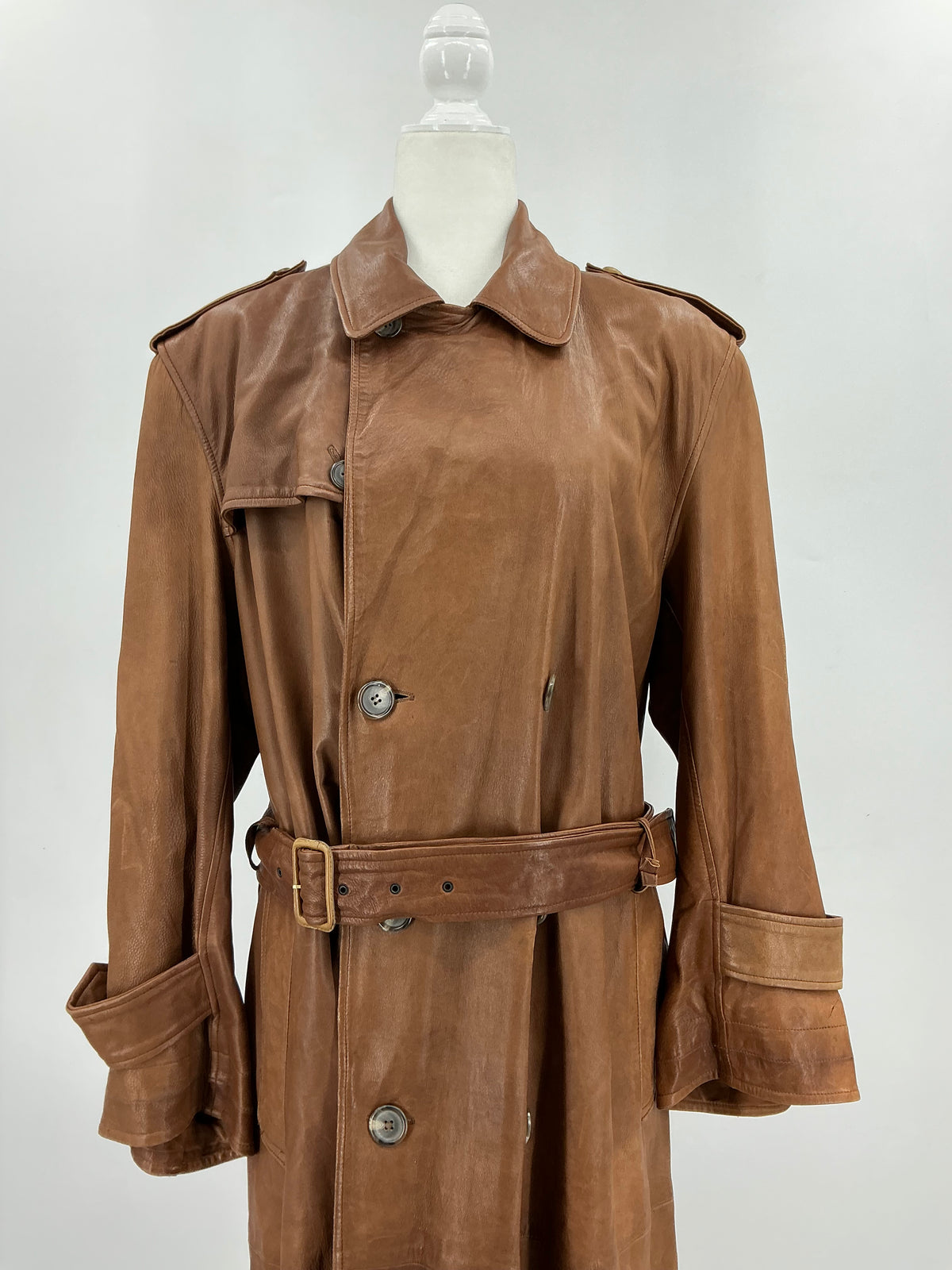 Vintage Polo Ralph Lauren Brown Leather Belted Trench Coat Large