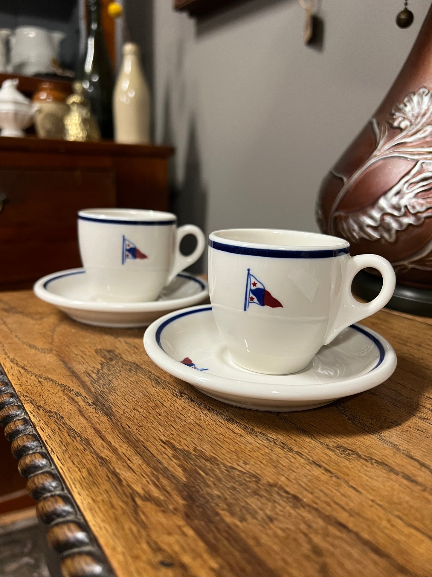 Pair of St. Francis Yacht Club San Francisco Burgee Demitasse Cup and Saucers
