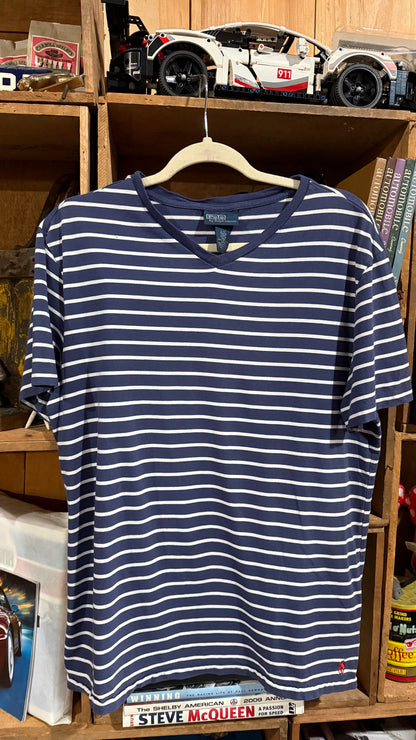 Polo Ralph Lauren Blue White Stripe V-Neck Short Sleeve T-Shirt Large