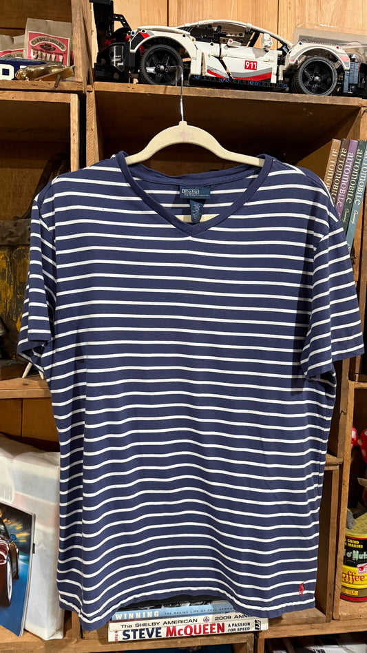 Polo Ralph Lauren Blue White Stripe V-Neck Short Sleeve T-Shirt Large