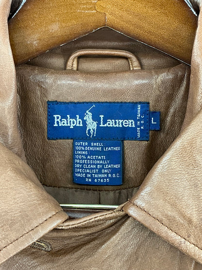 Vintage Polo Ralph Lauren Brown Leather Belted Trench Coat Large