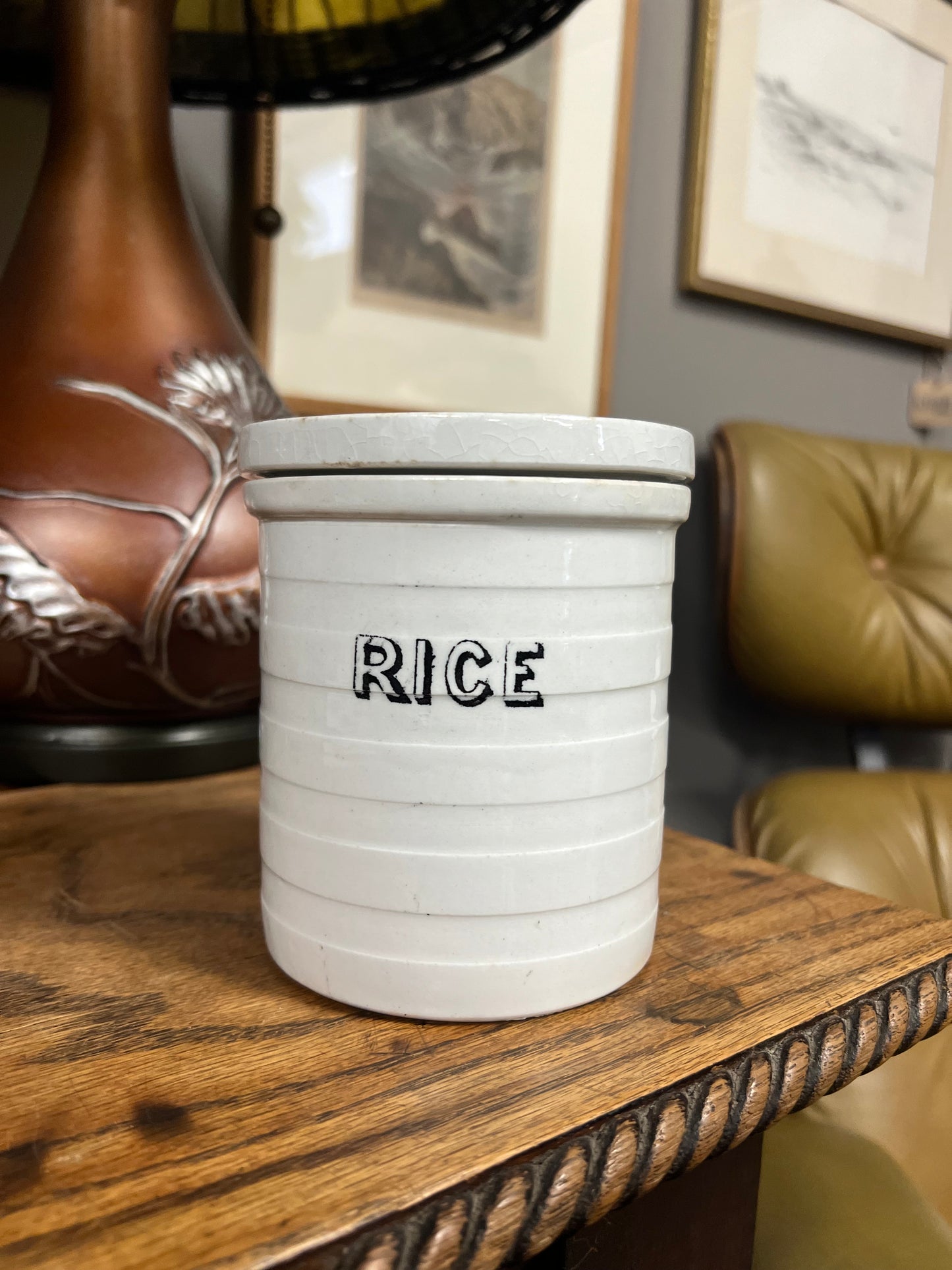 RICE - White Banded Kitchen Jar Canister with Lid