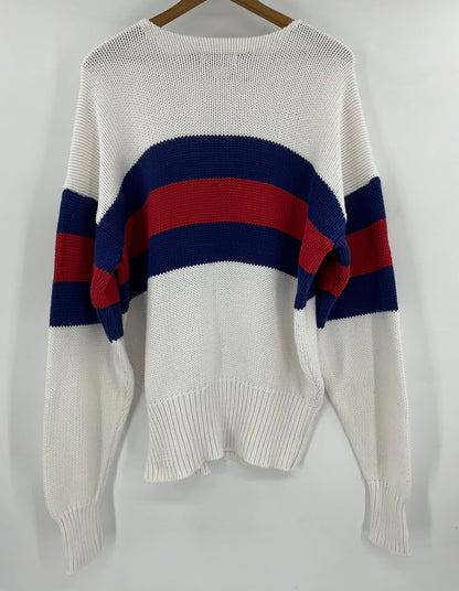 Vintage Polo Ralph Lauren Cotton Knit Sweater Large White Red Blue Stripe
