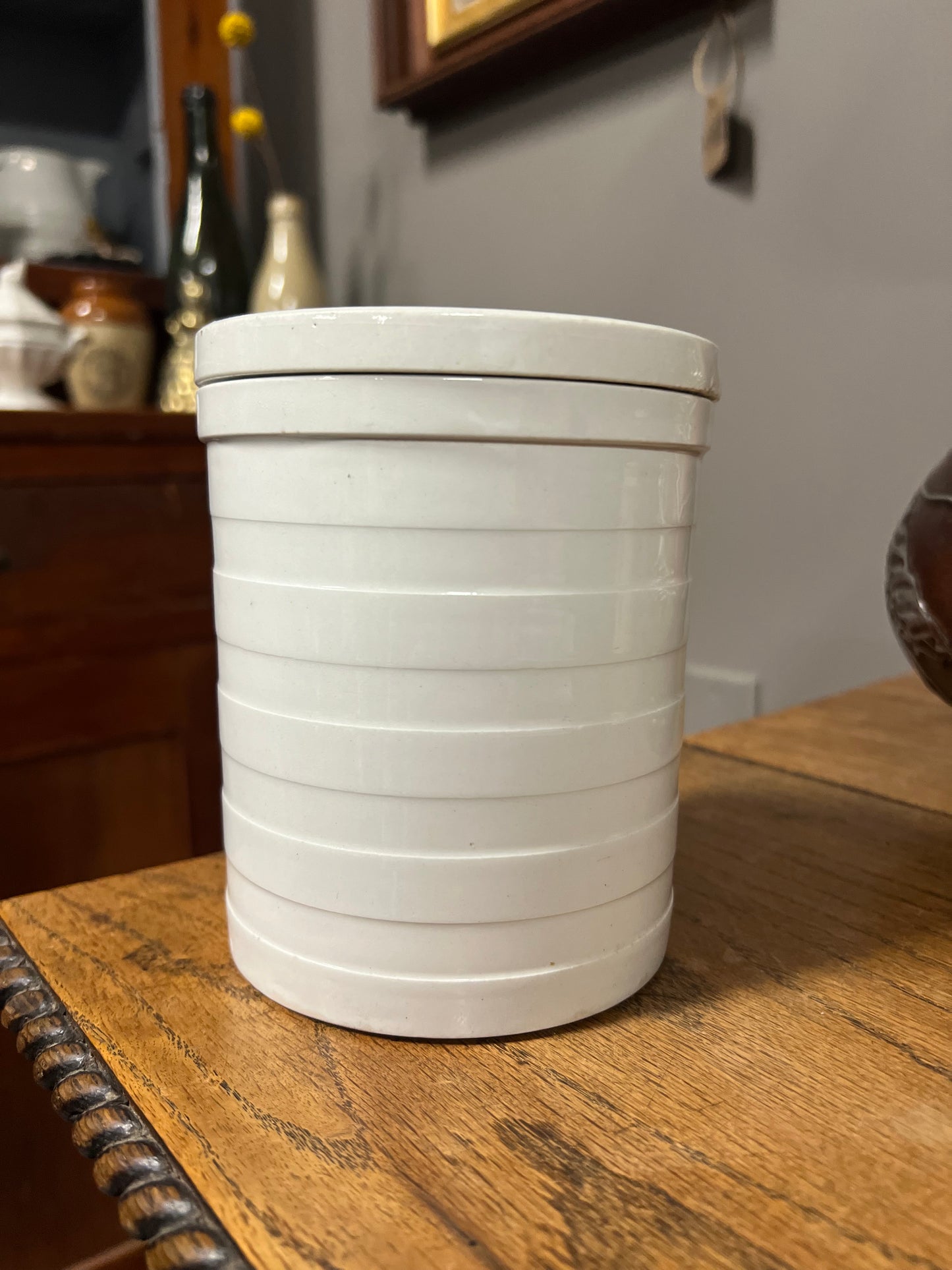 GROUND RICE - White Banded Kitchen Jar Canister with Lid