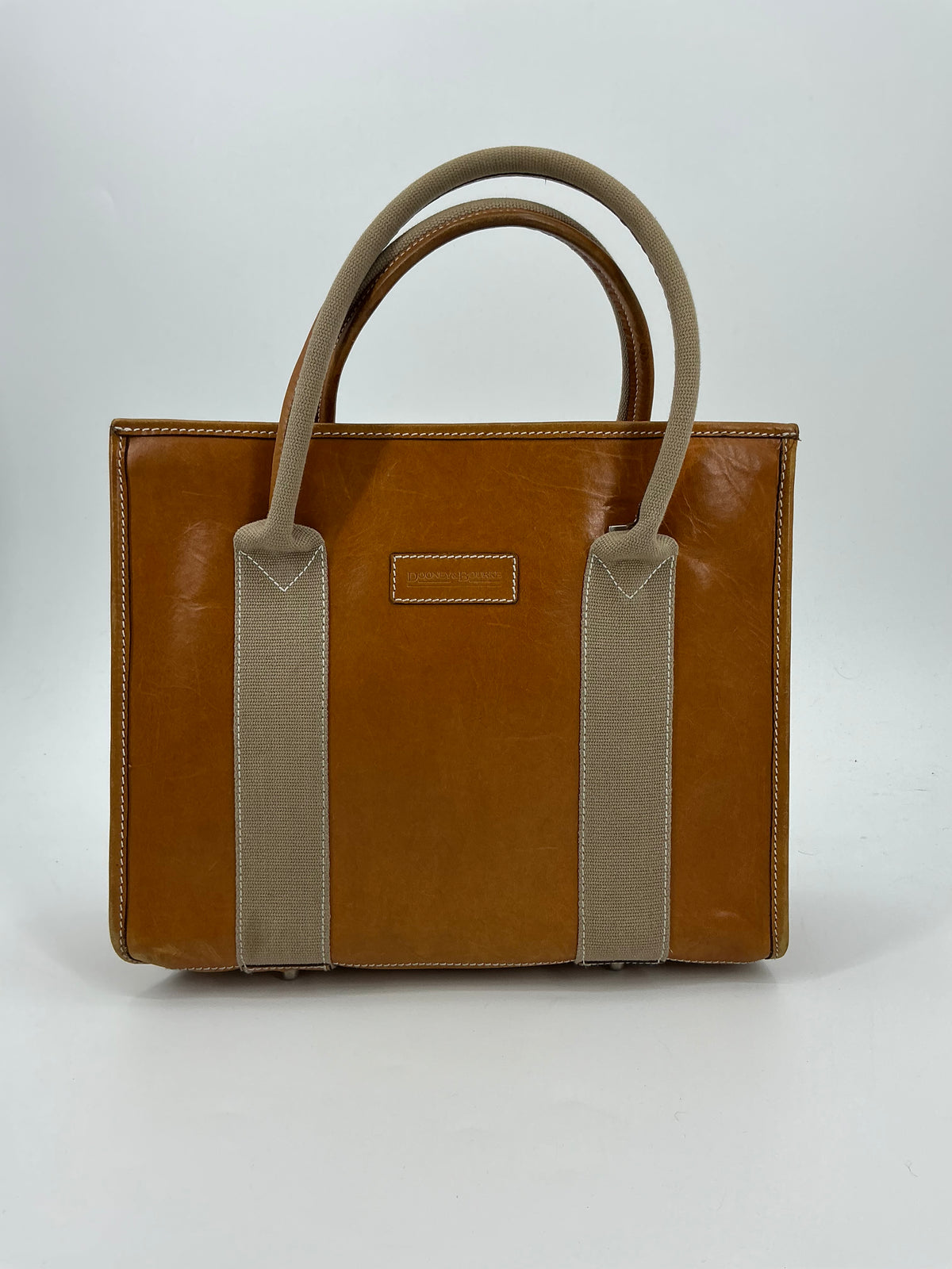 Vintage Dooney & Bourke Structured Leather Stripe Tote Bag Camel Tan Shopper