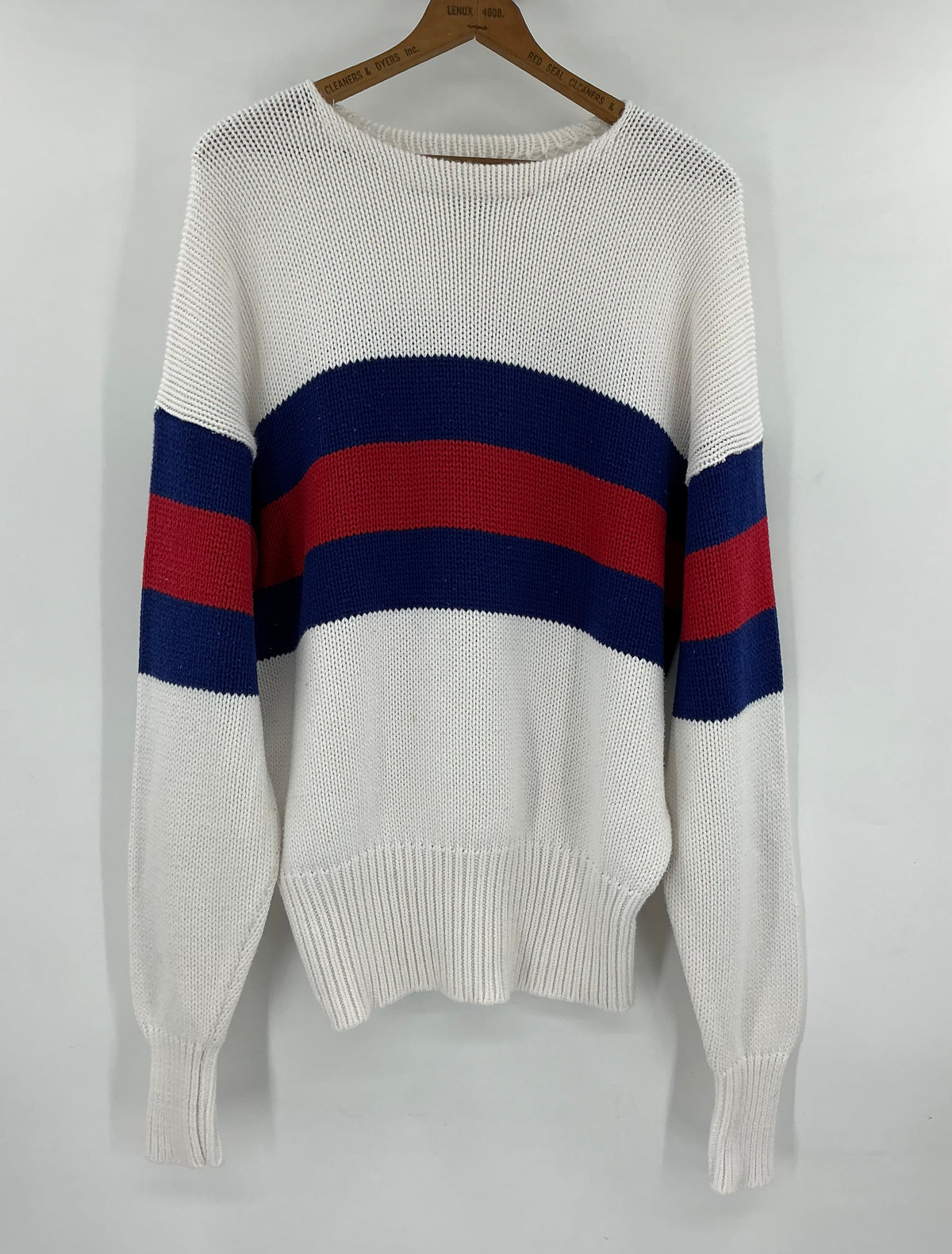 Vintage Polo Ralph Lauren Cotton Knit Sweater Large White Red Blue Stripe