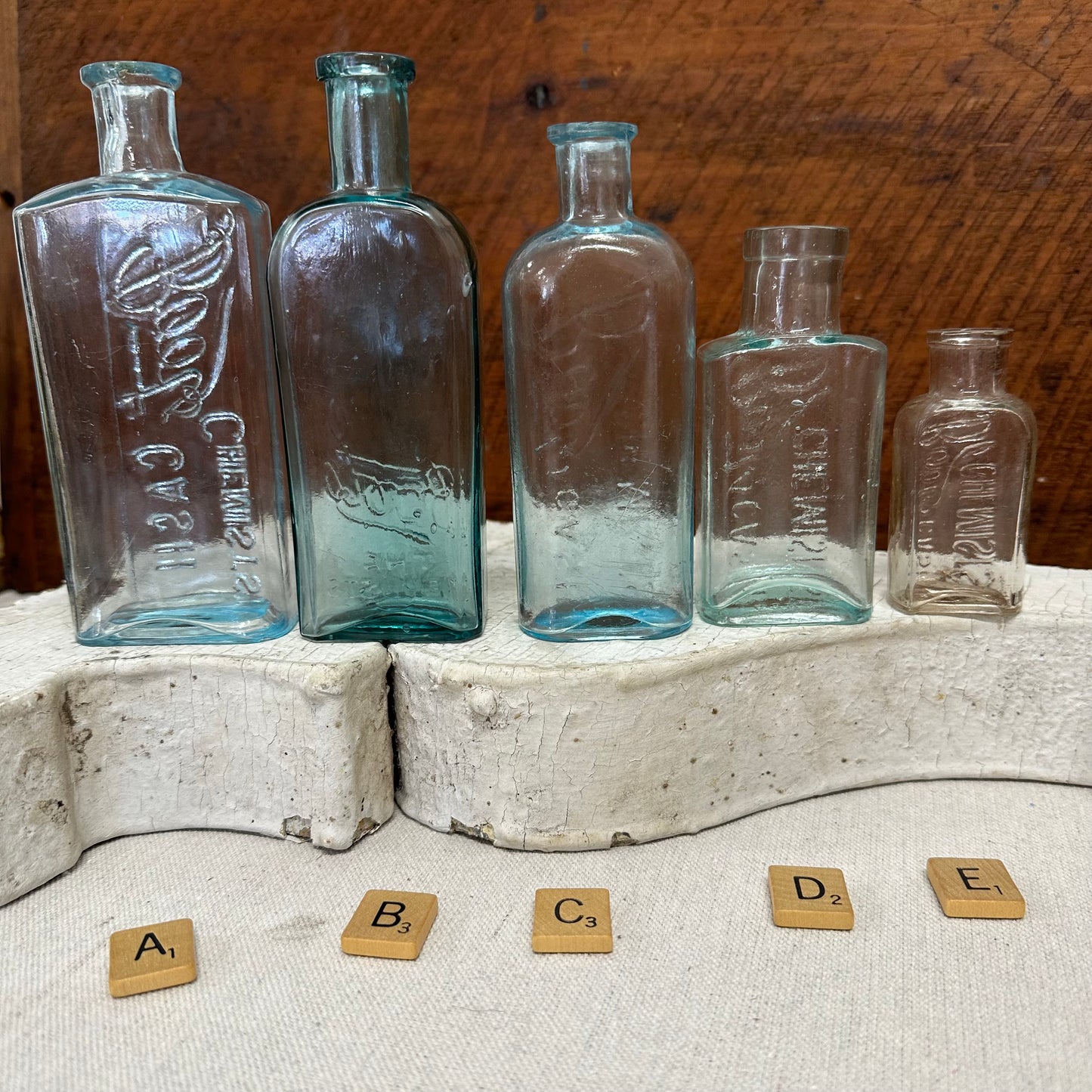 Boots Cash Chemist Bottles Aqua & Clear