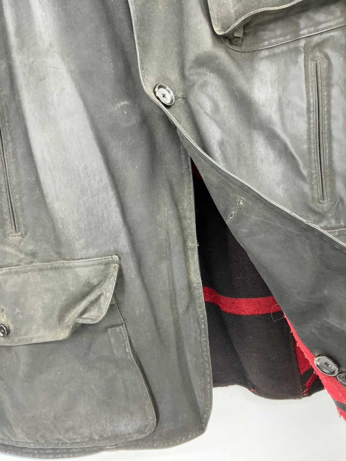 Vintage 90s Polo Ralph Lauren Black Southwestern Blanket-Lined Waxed Cotton Coat Large