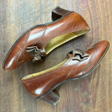 Vintage Ralph Lauren Brown Leather Wingtip Heels Silk Bow