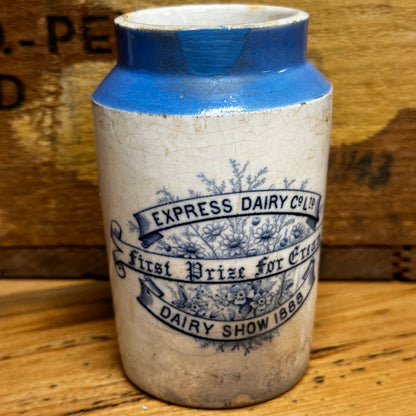 Antique HTF Express Dairy Cream Pot Blue Top Transfer Repaired