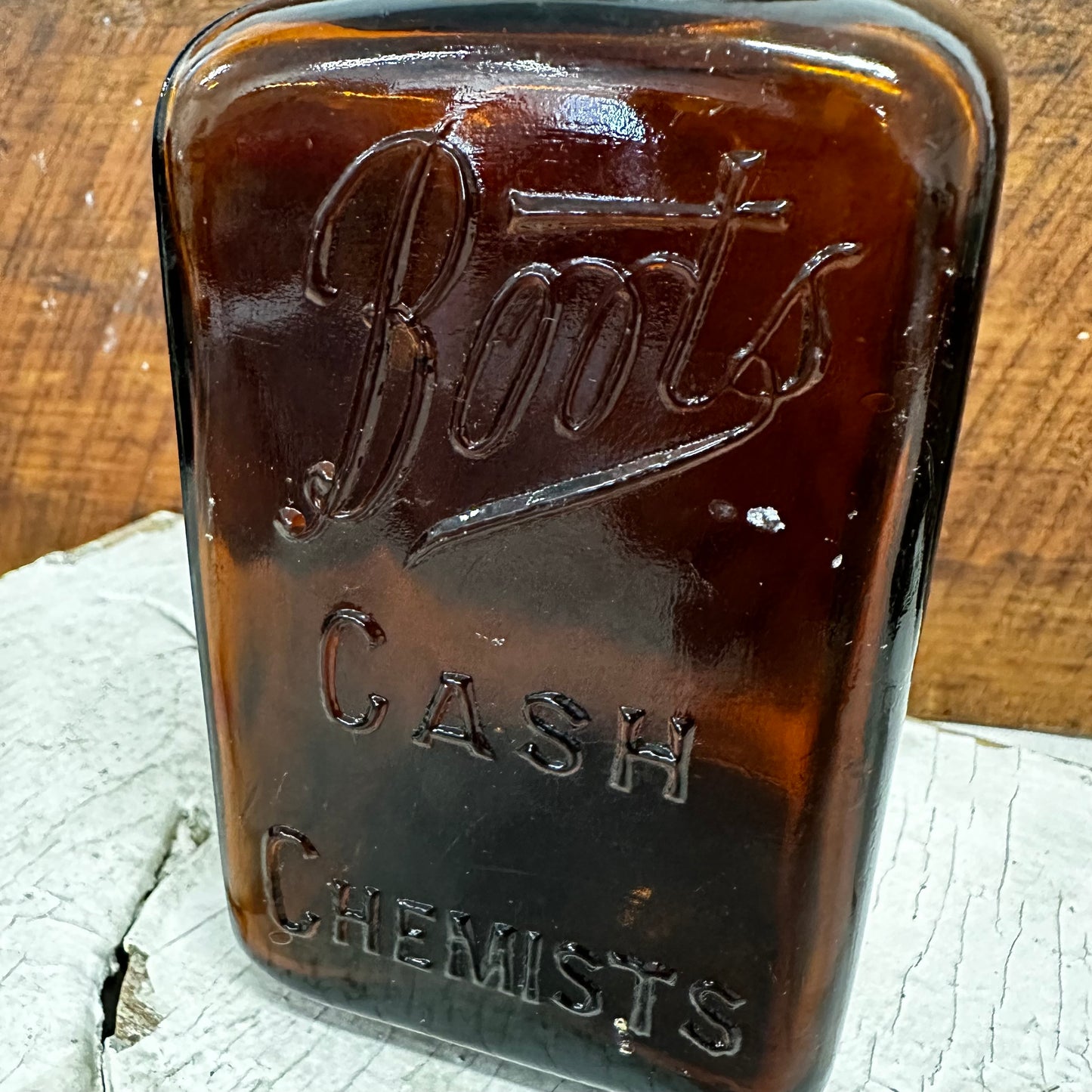 Large Boot’s Cash Chemists Square Amber Bottle