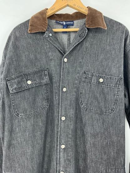 Vintage Ralph Lauren Black Denim Duster Shirt Dress  Corduroy Collar Cuffs Size 12