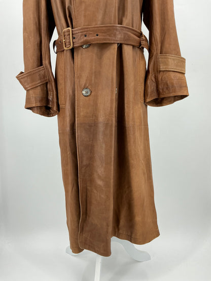 Vintage Polo Ralph Lauren Brown Leather Belted Trench Coat Large