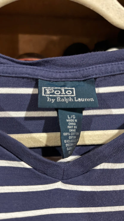 Polo Ralph Lauren Blue White Stripe V-Neck Short Sleeve T-Shirt Large