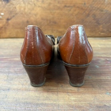 Vintage Ralph Lauren Brown Leather Wingtip Heels Silk Bow