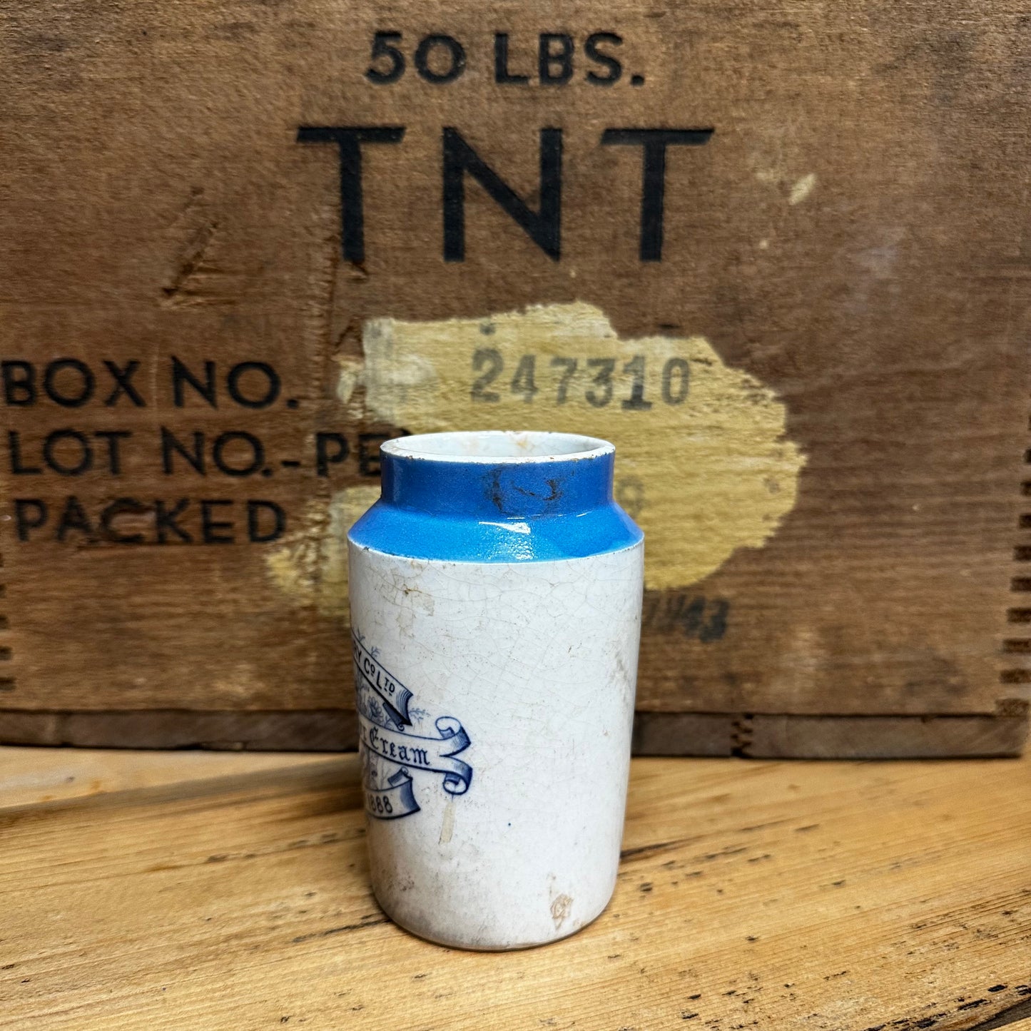 Antique HTF Express Dairy Cream Pot Blue Top Transfer Repaired