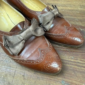 Vintage Ralph Lauren Brown Leather Wingtip Heels Silk Bow