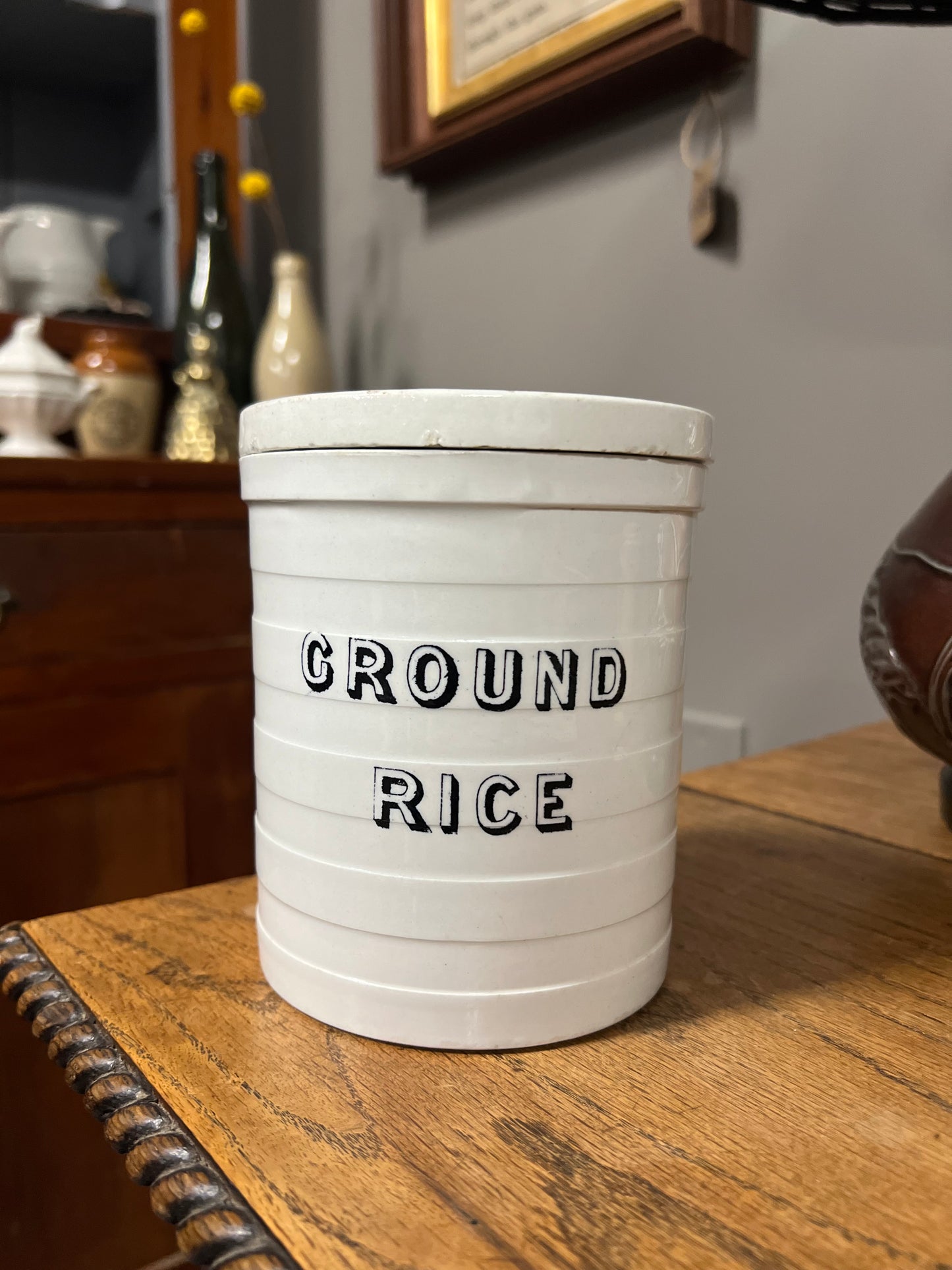 GROUND RICE - White Banded Kitchen Jar Canister with Lid