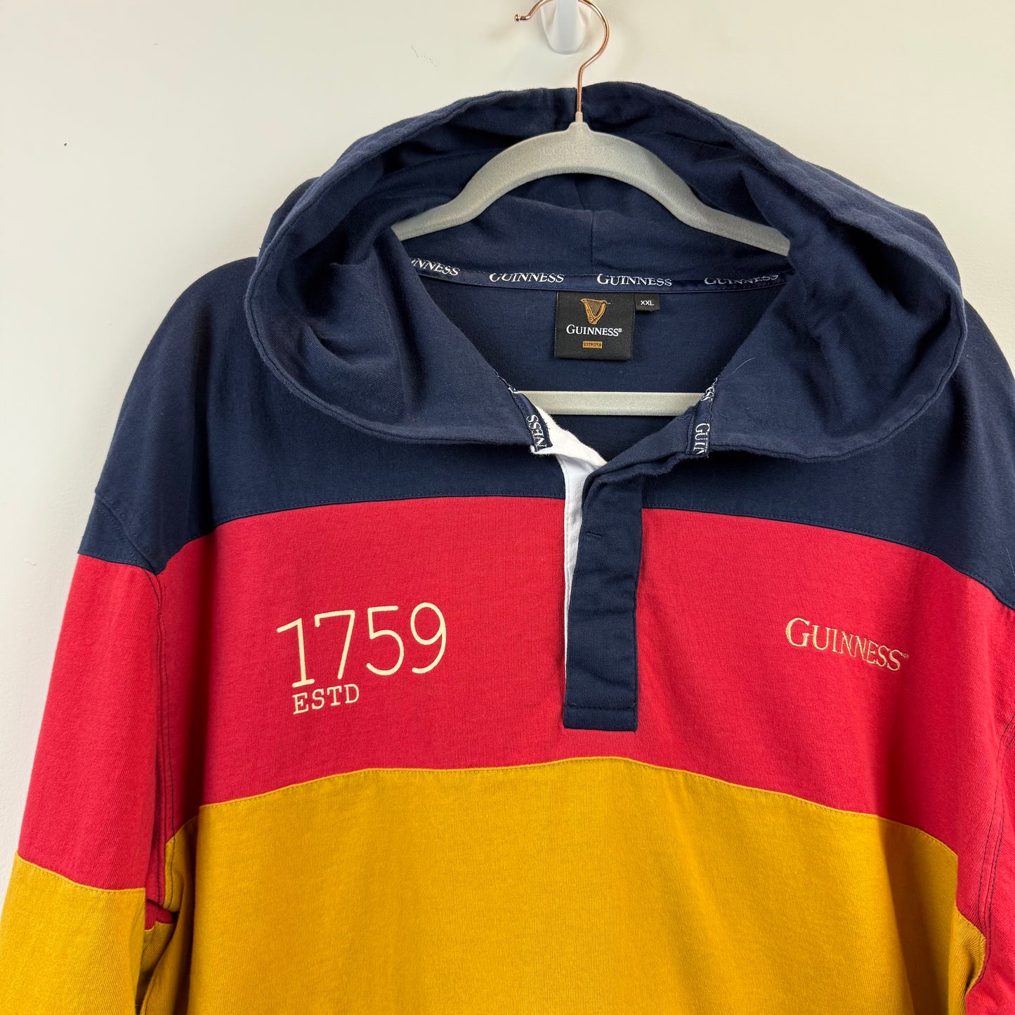 Guinness Hooded Long Sleeve Shirt XXL - Navy Red Yellow Stripe