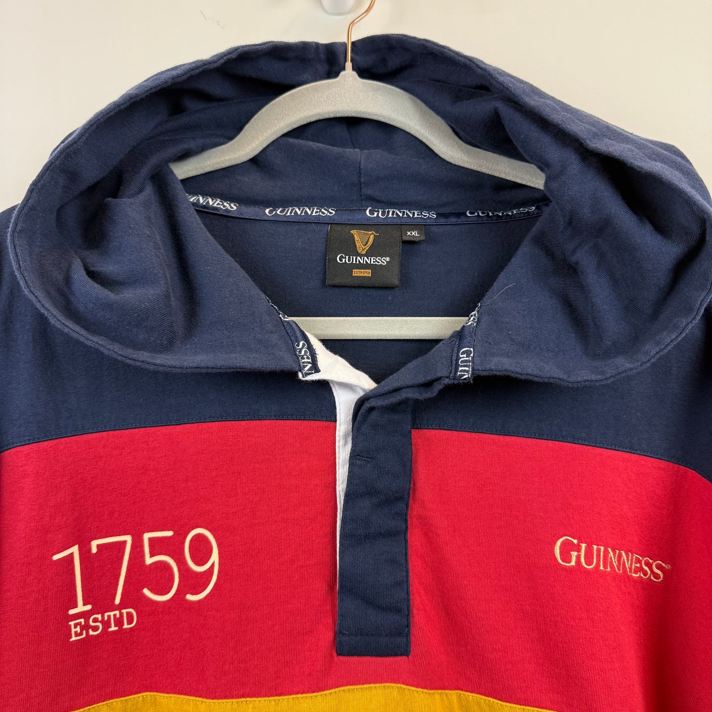 Guinness Hooded Long Sleeve Shirt XXL - Navy Red Yellow Stripe