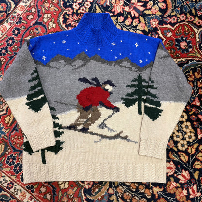 Vintage Lauren Ralph Lauren Handknit Downhill Skiier Mockneck Sweater (Blue collar)