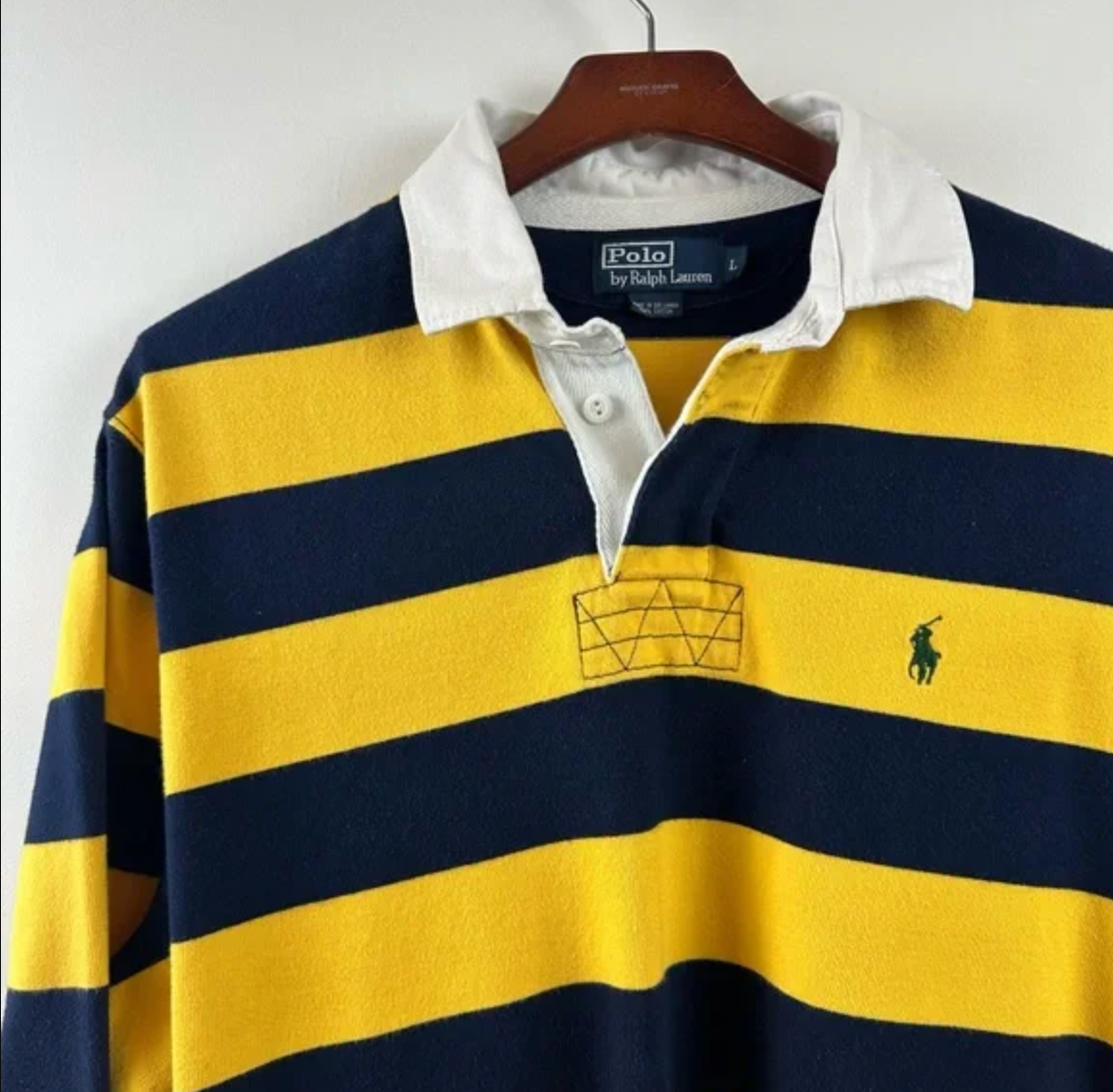 Vintage Polo Ralph Lauren Rugby Large - Yellow Navy Blue Stripe