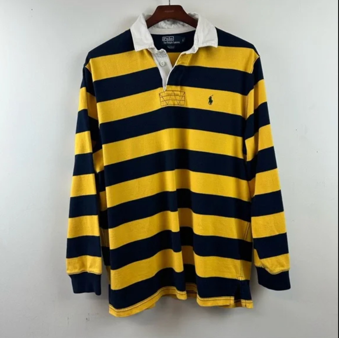 Vintage Polo Ralph Lauren Rugby Large - Yellow Navy Blue Stripe