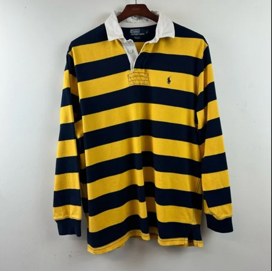 Vintage Polo Ralph Lauren Rugby Large - Yellow Navy Blue Stripe