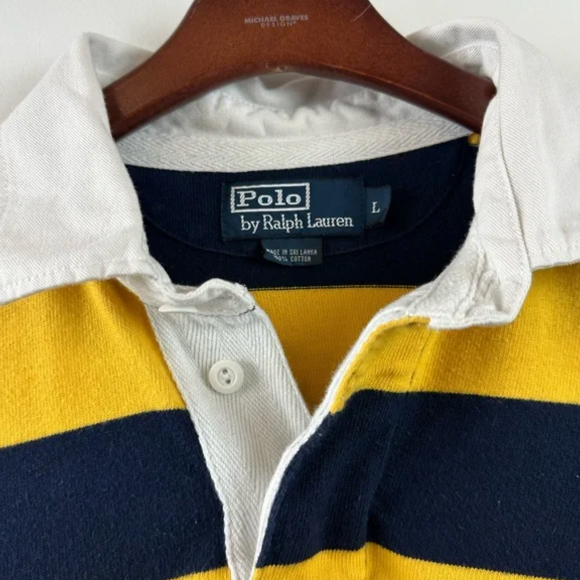 Vintage Polo Ralph Lauren Rugby Large - Yellow Navy Blue Stripe
