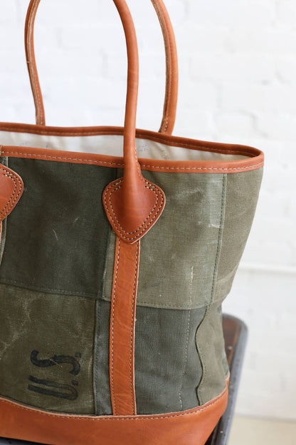 WWII era Salvaged Canvas Patchwork Tote Bag